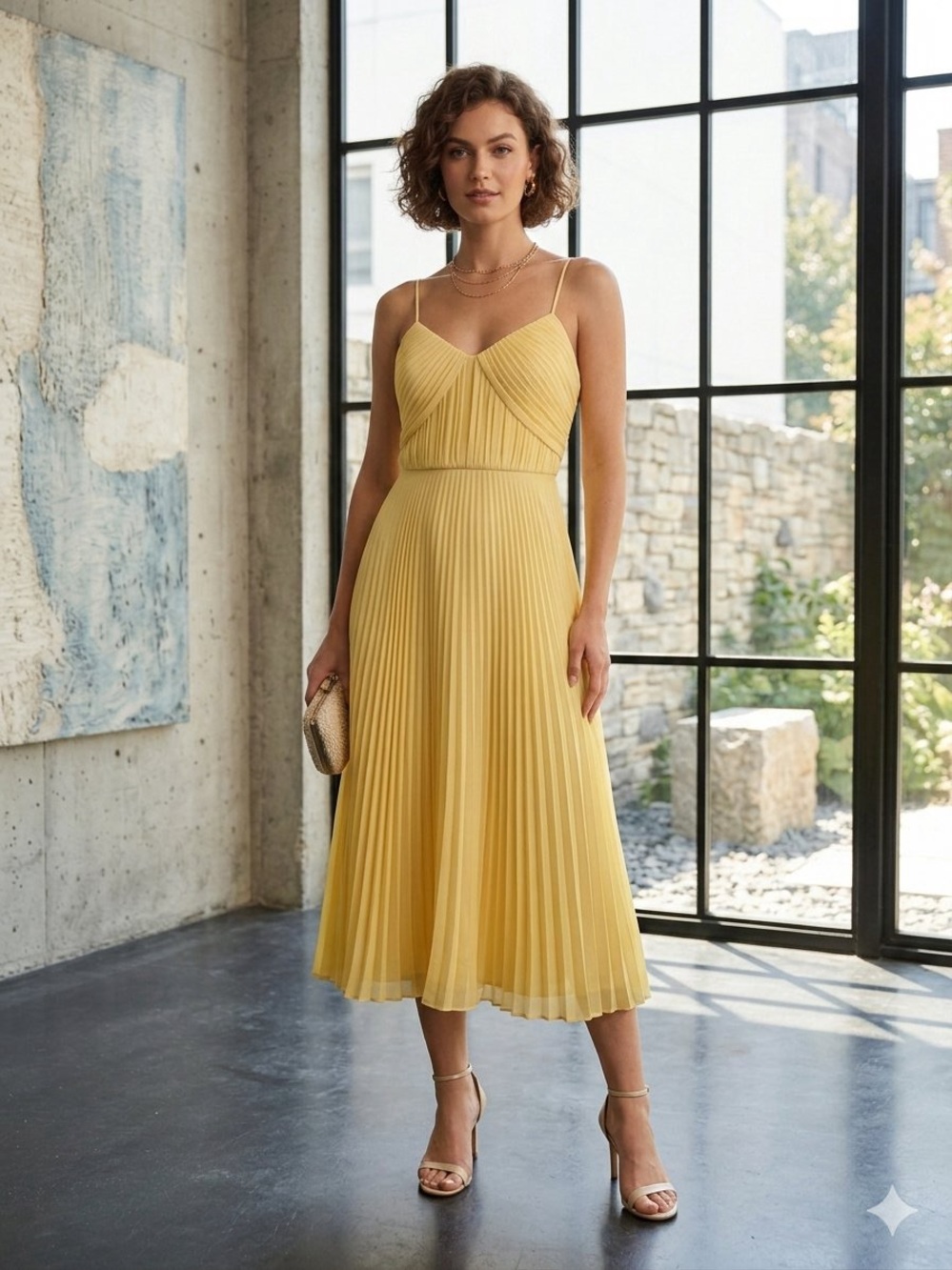 Monique Lhuillier Yellow Pleated Spaghetti-Strap Midi Dress